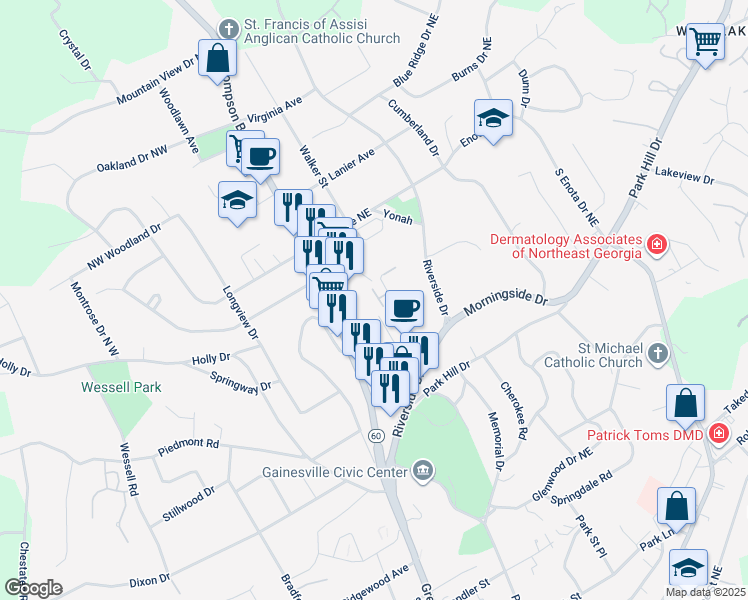 map of restaurants, bars, coffee shops, grocery stores, and more near 1155 Riverside Terrace in Gainesville
