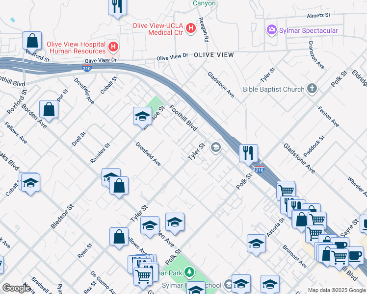 map of restaurants, bars, coffee shops, grocery stores, and more near 14333 Tyler Street in Los Angeles