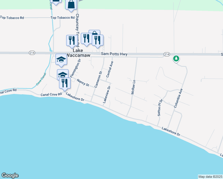 map of restaurants, bars, coffee shops, grocery stores, and more near 305 Lakeview Drive in Lake Waccamaw