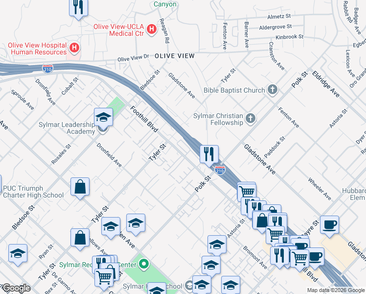 map of restaurants, bars, coffee shops, grocery stores, and more near 14201 Foothill Boulevard in Los Angeles