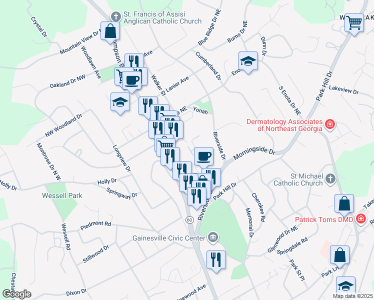 map of restaurants, bars, coffee shops, grocery stores, and more near 1179 Riverside Terrace in Gainesville