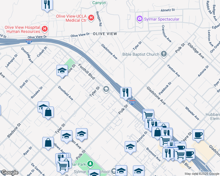map of restaurants, bars, coffee shops, grocery stores, and more near 14201 Foothill Boulevard in Los Angeles