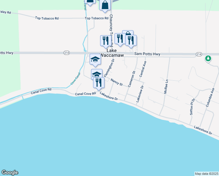 map of restaurants, bars, coffee shops, grocery stores, and more near 308 Dallas Avenue in Lake Waccamaw