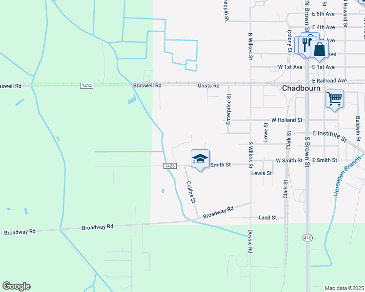 map of restaurants, bars, coffee shops, grocery stores, and more near 118 Kelly Street in Chadbourn