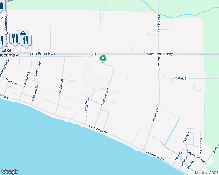 map of restaurants, bars, coffee shops, grocery stores, and more near 100 Columbia Avenue in Lake Waccamaw