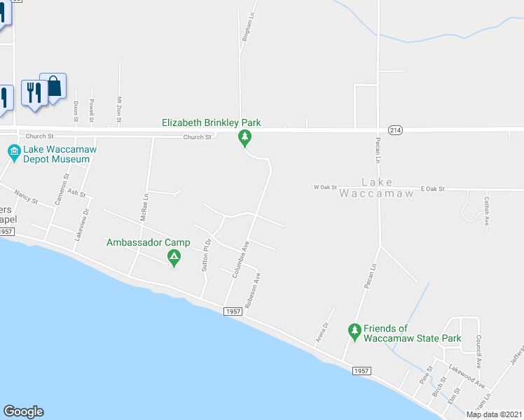map of restaurants, bars, coffee shops, grocery stores, and more near 100 Schley Avenue in Lake Waccamaw