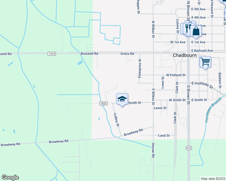 map of restaurants, bars, coffee shops, grocery stores, and more near 118 Kelly Street in Chadbourn