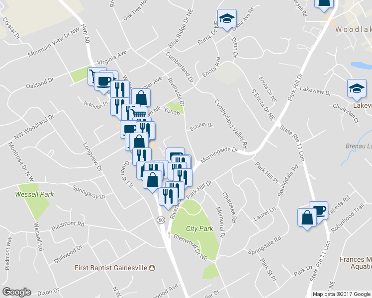 map of restaurants, bars, coffee shops, grocery stores, and more near 1117 Riverside Drive in Gainesville