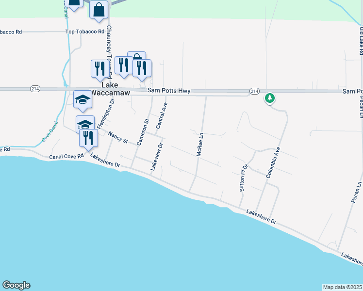 map of restaurants, bars, coffee shops, grocery stores, and more near 119 East White Oak Street in Lake Waccamaw