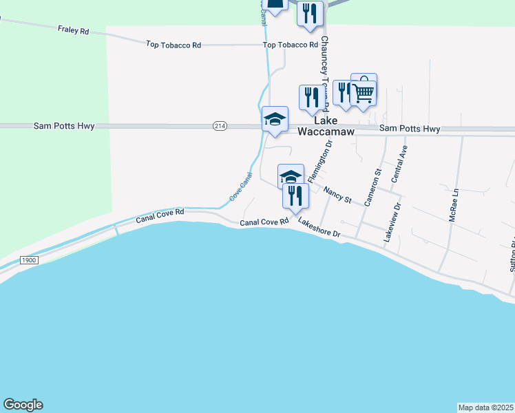 map of restaurants, bars, coffee shops, grocery stores, and more near 105 Weaver Drive in Lake Waccamaw
