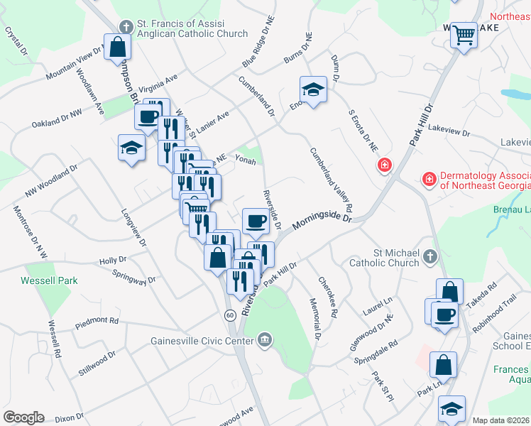 map of restaurants, bars, coffee shops, grocery stores, and more near 1117 Riverside Drive in Gainesville