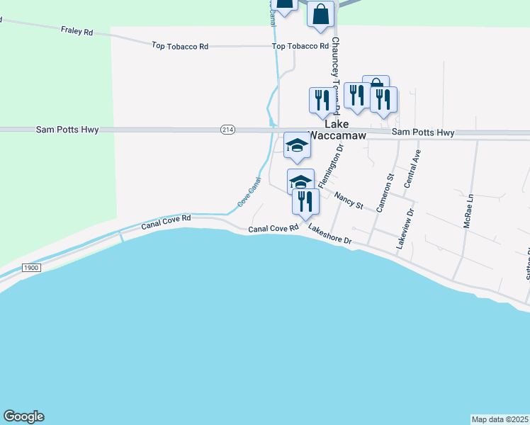 map of restaurants, bars, coffee shops, grocery stores, and more near 105 Weaver Drive in Lake Waccamaw