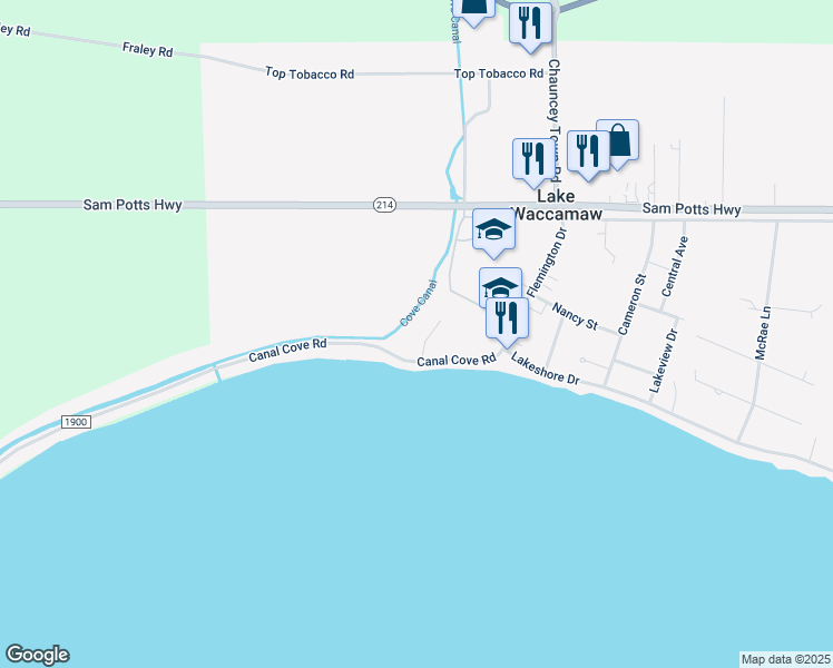 map of restaurants, bars, coffee shops, grocery stores, and more near 100 Weaver Drive in Lake Waccamaw