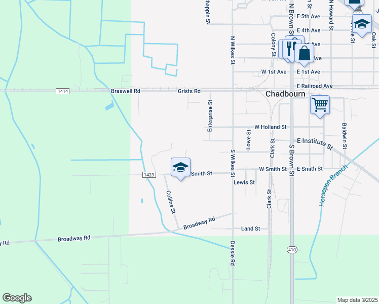 map of restaurants, bars, coffee shops, grocery stores, and more near 680 West Smith Street in Chadbourn