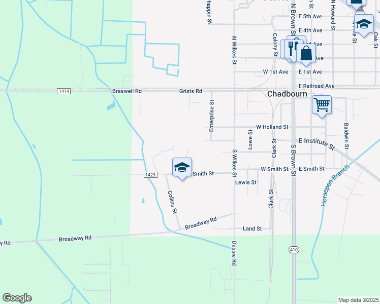 map of restaurants, bars, coffee shops, grocery stores, and more near 680 West Smith Street in Chadbourn