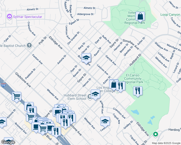map of restaurants, bars, coffee shops, grocery stores, and more near 13382 Sayre Street in Los Angeles