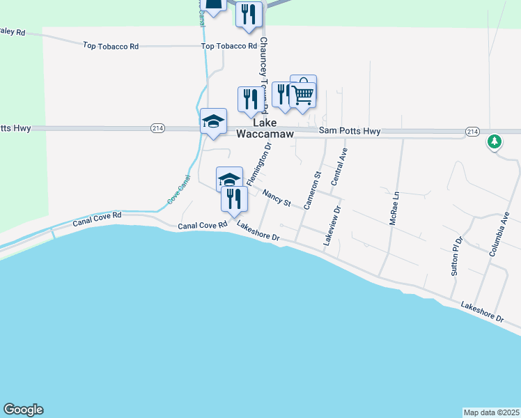map of restaurants, bars, coffee shops, grocery stores, and more near 308 Dallas Avenue in Lake Waccamaw