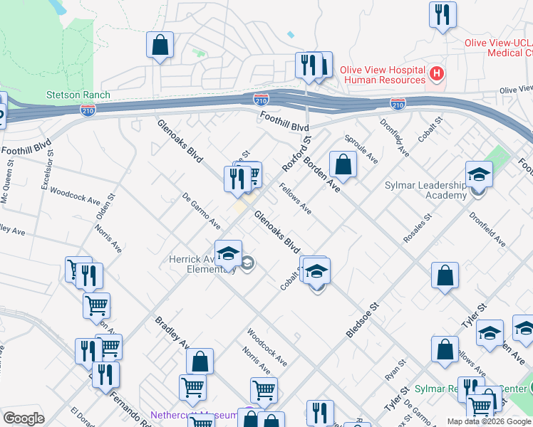 map of restaurants, bars, coffee shops, grocery stores, and more near 13522 Glenoaks Boulevard in Los Angeles