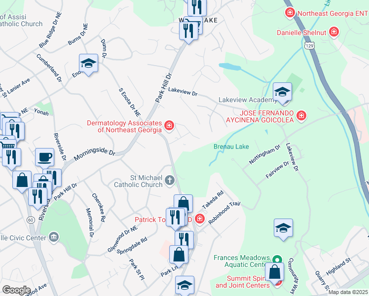 map of restaurants, bars, coffee shops, grocery stores, and more near 940 South Enota Drive Northeast in Gainesville
