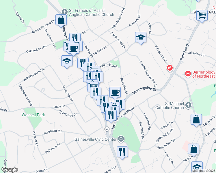 map of restaurants, bars, coffee shops, grocery stores, and more near 1199 Riverside Terrace in Gainesville