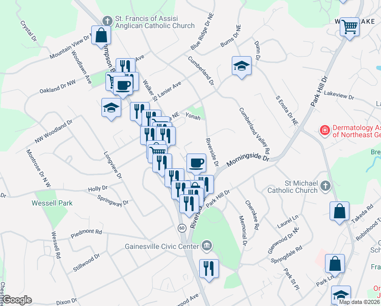 map of restaurants, bars, coffee shops, grocery stores, and more near 1160 Riverside Terrace in Gainesville
