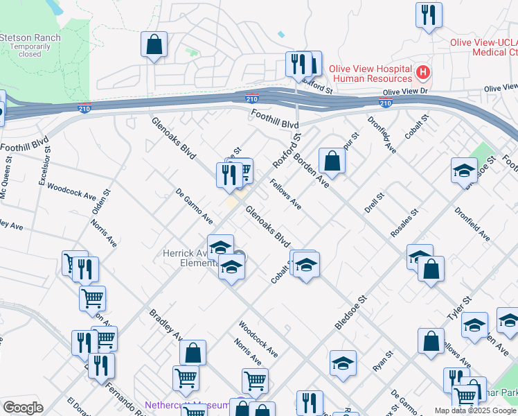 map of restaurants, bars, coffee shops, grocery stores, and more near 13522 Glenoaks Boulevard in Los Angeles