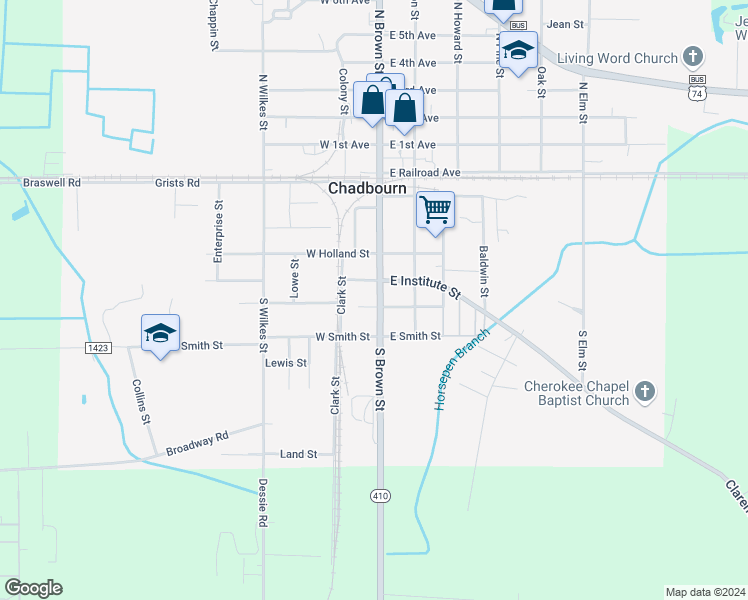 map of restaurants, bars, coffee shops, grocery stores, and more near 416 South Brown Street in Chadbourn
