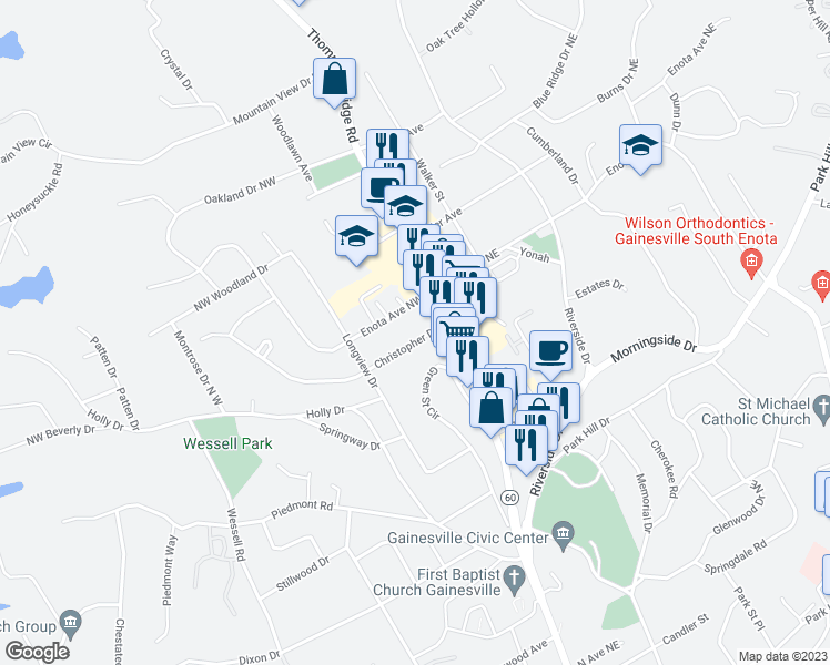 map of restaurants, bars, coffee shops, grocery stores, and more near 162 Christopher Drive in Gainesville