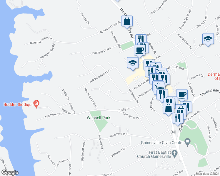 map of restaurants, bars, coffee shops, grocery stores, and more near 426 Christopher Court in Gainesville