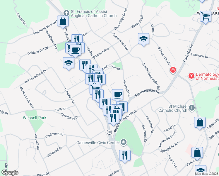 map of restaurants, bars, coffee shops, grocery stores, and more near 1199 Riverside Terrace in Gainesville