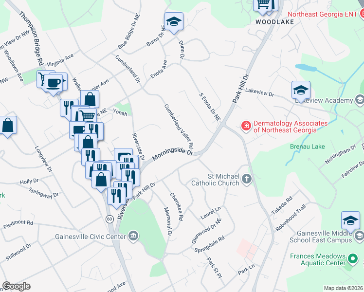 map of restaurants, bars, coffee shops, grocery stores, and more near 1225 Morningside Drive in Gainesville