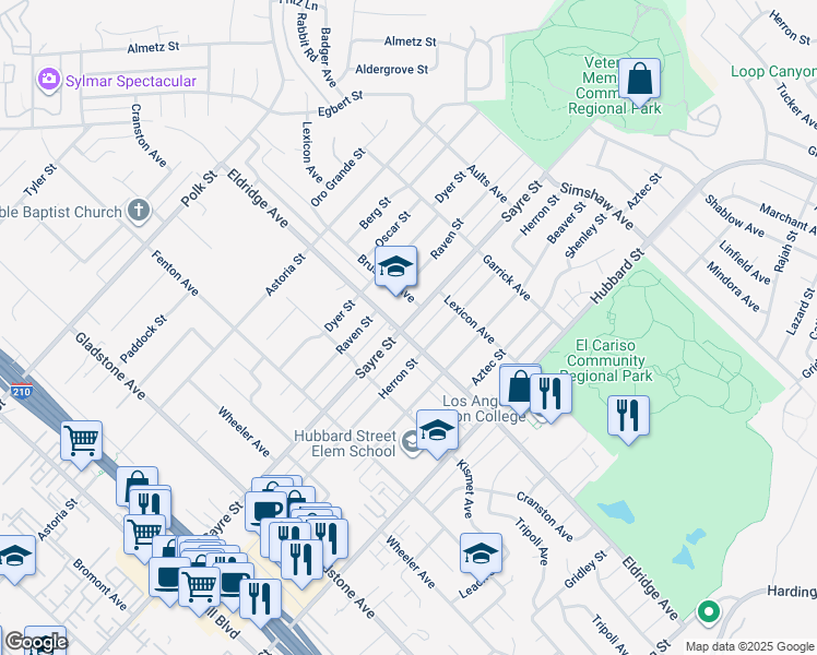 map of restaurants, bars, coffee shops, grocery stores, and more near 13382 Sayre Street in Los Angeles