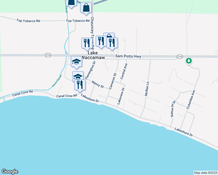 map of restaurants, bars, coffee shops, grocery stores, and more near 216 Nancy Street in Lake Waccamaw