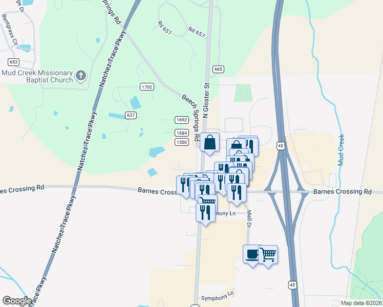 map of restaurants, bars, coffee shops, grocery stores, and more near 1457 Beech Springs Road in Saltillo
