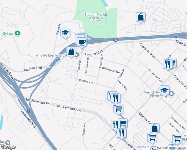 map of restaurants, bars, coffee shops, grocery stores, and more near 15891 Swain Street in Los Angeles