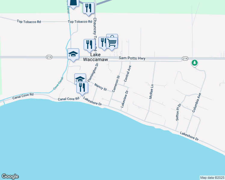 map of restaurants, bars, coffee shops, grocery stores, and more near 216 Nancy Street in Lake Waccamaw