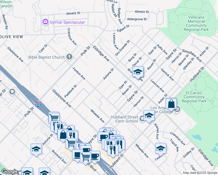 map of restaurants, bars, coffee shops, grocery stores, and more near 13615 Berg Street in Los Angeles