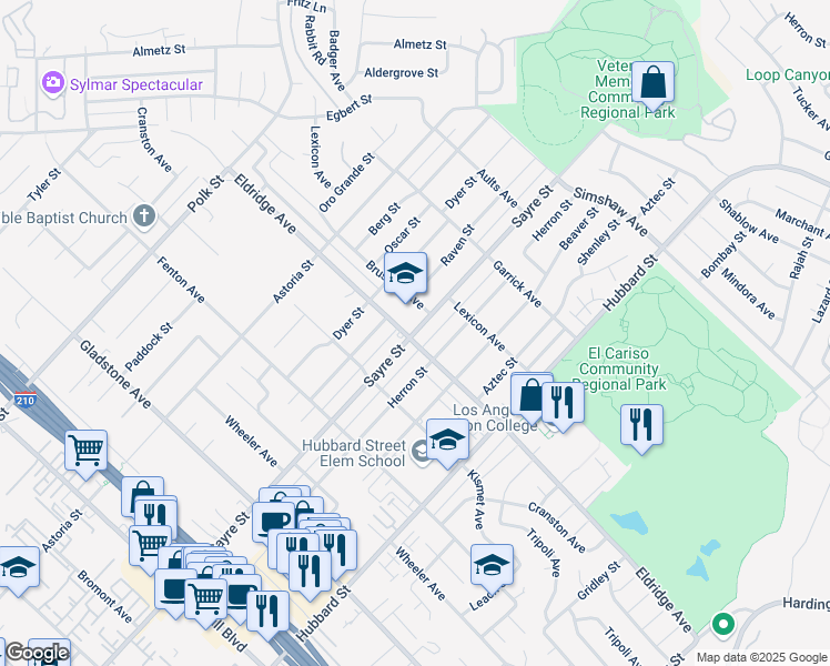 map of restaurants, bars, coffee shops, grocery stores, and more near 13380 Sayre Street in Los Angeles