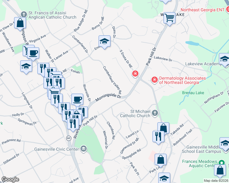 map of restaurants, bars, coffee shops, grocery stores, and more near 1225 Morningside Drive in Gainesville
