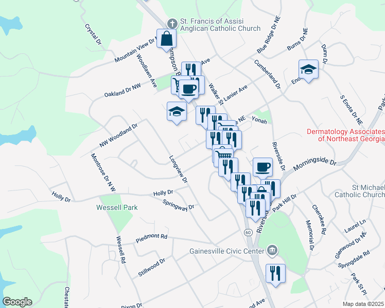 map of restaurants, bars, coffee shops, grocery stores, and more near 197 Enota Ave NW in Gainesville
