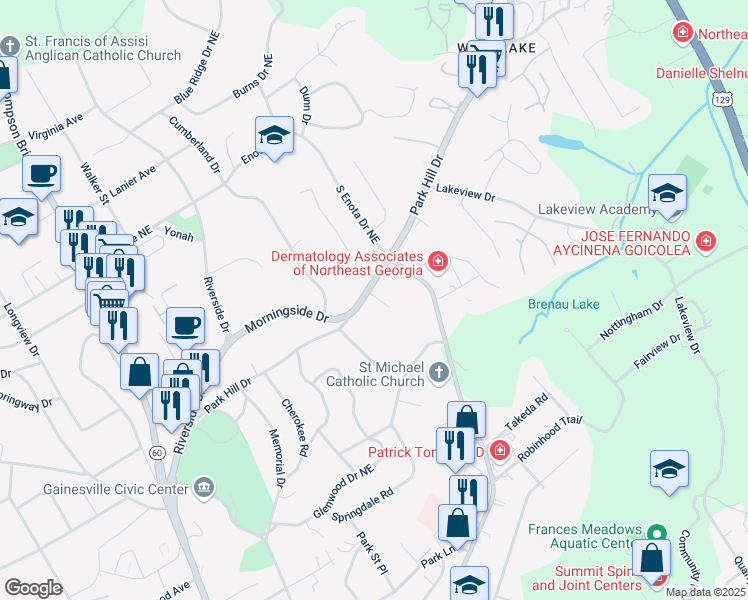 map of restaurants, bars, coffee shops, grocery stores, and more near 1326 Park Hill Drive in Gainesville