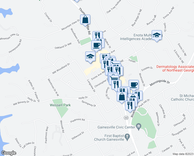 map of restaurants, bars, coffee shops, grocery stores, and more near 205 Enota Avenue Northwest in Gainesville