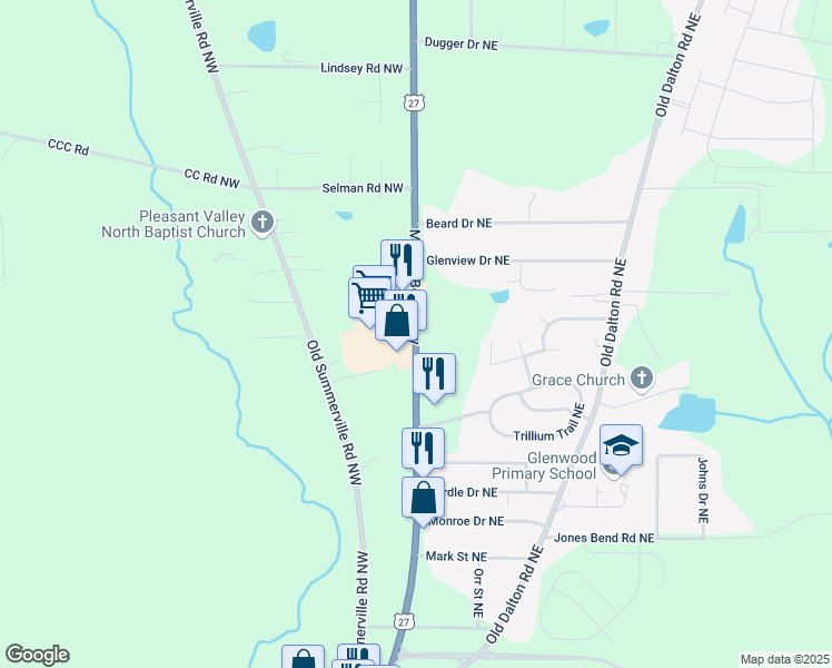map of restaurants, bars, coffee shops, grocery stores, and more near 3365 Martha Berry Highway in Rome