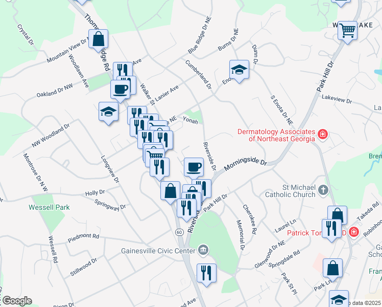 map of restaurants, bars, coffee shops, grocery stores, and more near 1160 Riverside Terrace in Gainesville