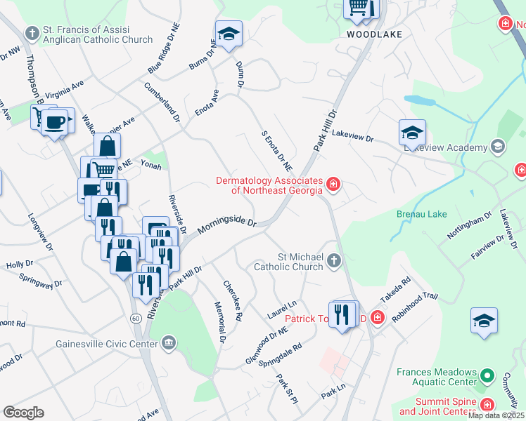 map of restaurants, bars, coffee shops, grocery stores, and more near 1006 Cumberland Valley Road in Gainesville
