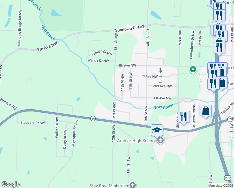 map of restaurants, bars, coffee shops, grocery stores, and more near 108 12th Street Southwest in Arab