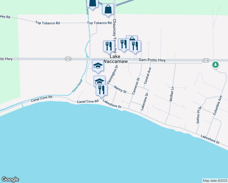 map of restaurants, bars, coffee shops, grocery stores, and more near 304 Dallas Avenue in Lake Waccamaw