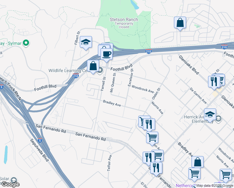map of restaurants, bars, coffee shops, grocery stores, and more near 15891 Swain Street in Los Angeles