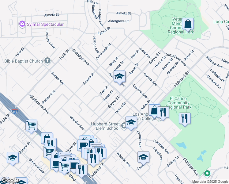 map of restaurants, bars, coffee shops, grocery stores, and more near 13380 Sayre Street in Los Angeles