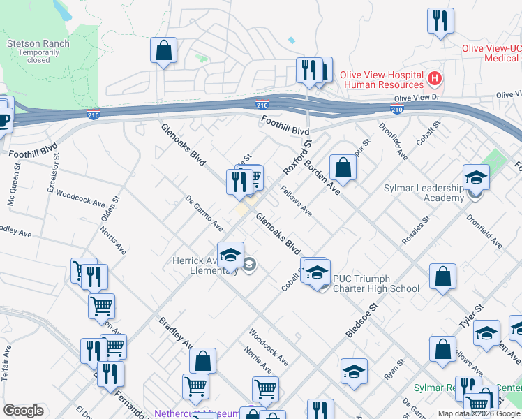 map of restaurants, bars, coffee shops, grocery stores, and more near 15150 Roxford Street in Los Angeles